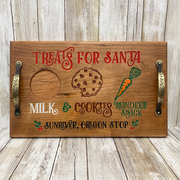Santa Treat Tray with Mug - Sunriver Oregon Stop - Carved Knotty Alder Wood