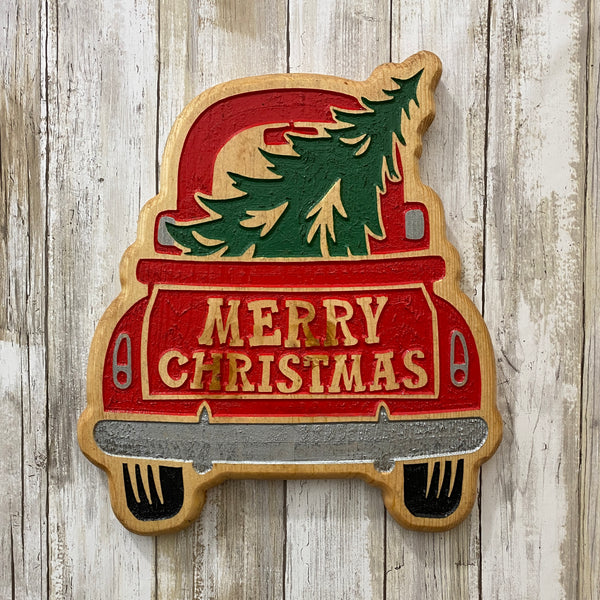 Vintage Pickup Truck with Christmas Tree Merry Christmas Sign Plaque - Engraved Pine Wood