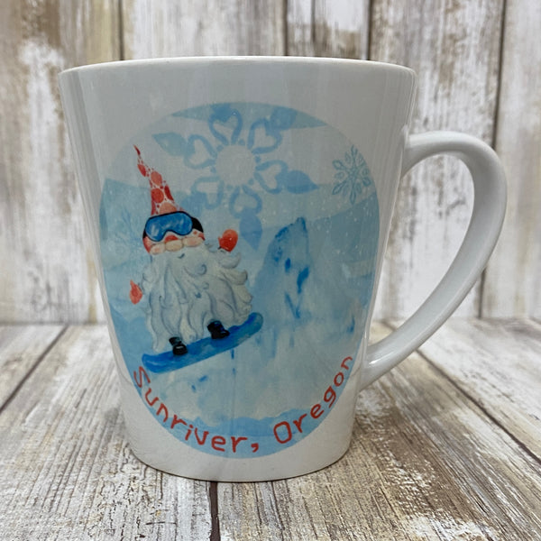 Snow Boarding Gnome - Sunriver Oregon - 12oz Latte Coffee Tea Mug