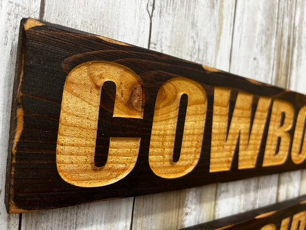 Cowboy and Cowgirl Restroom Bathroom Rustic Weathered Signs - Carved Cedar Wood Decor