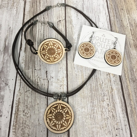 Art Deco Spiral Sun - Bracelet, Earrings and Pendant Necklace - Baltic Birch Wood