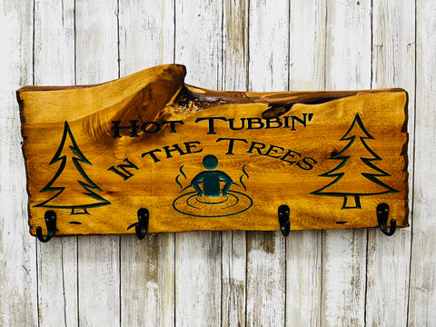 Live Edge Hot Tubbin' in the Trees Towel Holder - Carved Pine Wood
