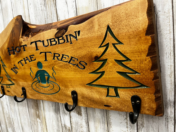 Live Edge Hot Tubbin' in the Trees Towel Holder - Carved Pine Wood