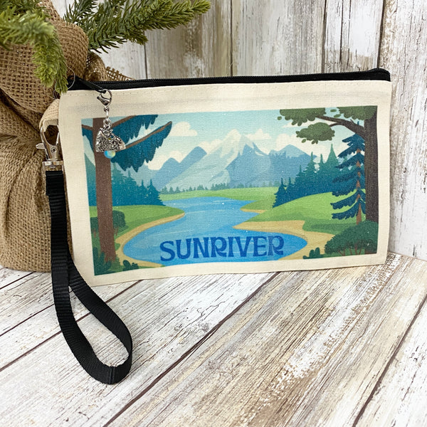 Sunriver Oregon - Mountain River Tree Scene - Canvas Wristlet Purse