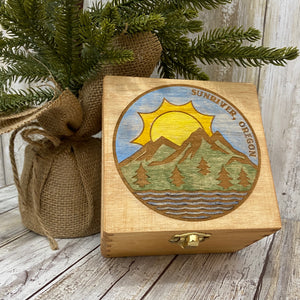 Sunriver Oregon Mountain River Scene Box - Laser Engraved Wood