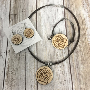 Rose Bud Flower - Bracelet, Earrings and Pendant Necklace - Baltic Birch Wood