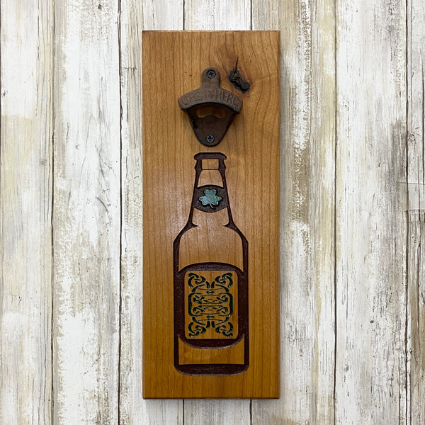 Irish Celtic St. Patrick's Day Beer Bottle Opener - Wall Mounted Cherry Wood