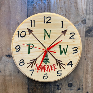 Round PNW Pacific North West Sunriver Clock - Carved Pine Wood
