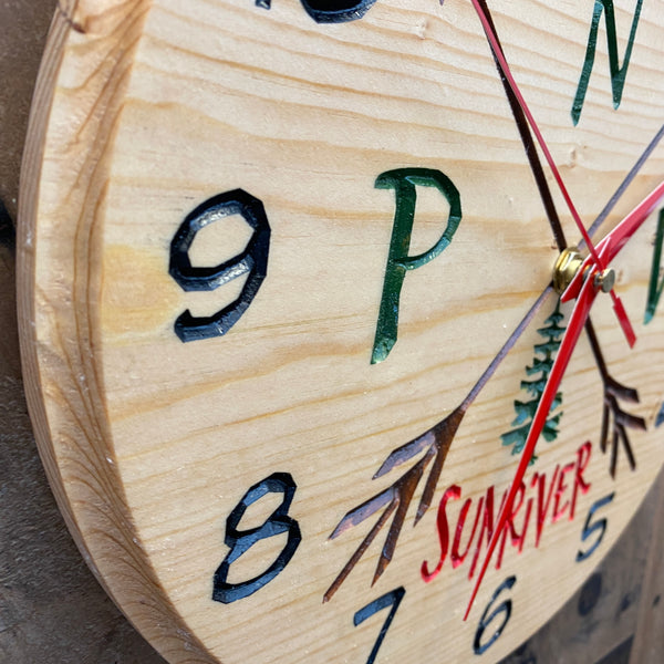 Round PNW Pacific North West Sunriver Clock - Carved Pine Wood
