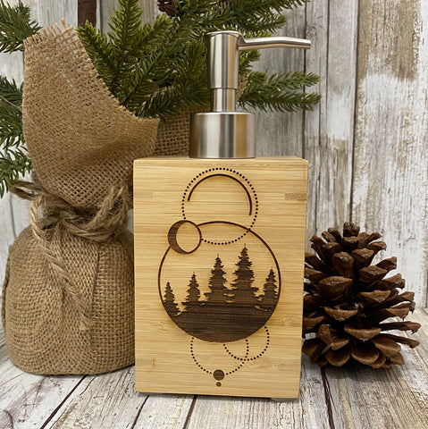 Sacred Forest Pine Tree Circles - Bamboo Lotion Soap Sanitizer Dispenser