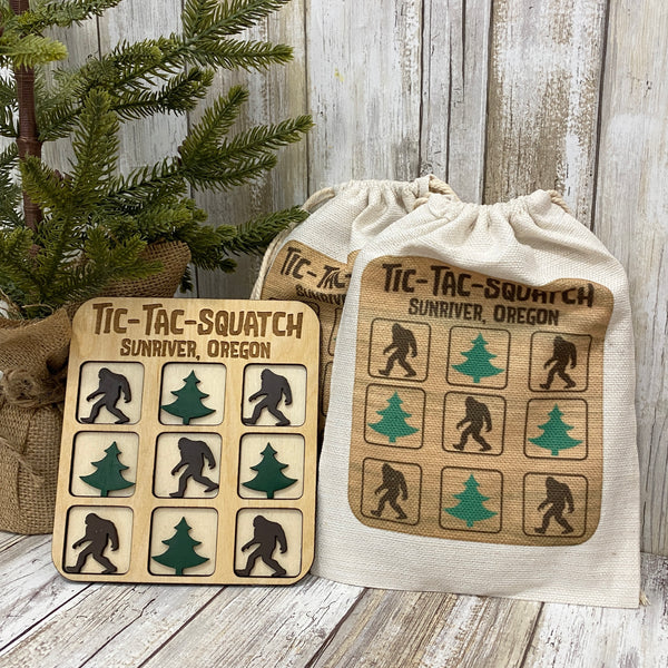 Tic Tac Squatch Game - Wood Cutout Tic Tac Toe Game with Bag