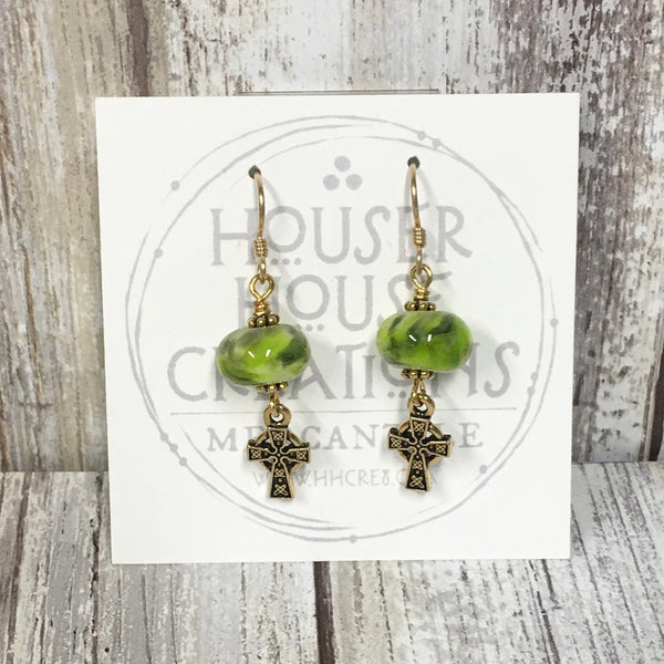 Celtic Cross & Green Lampwork Glass Earrings