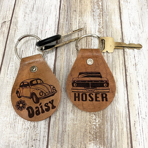 Custom Classic Car Leather Key Chain Fob - Laser Engraved Leather
