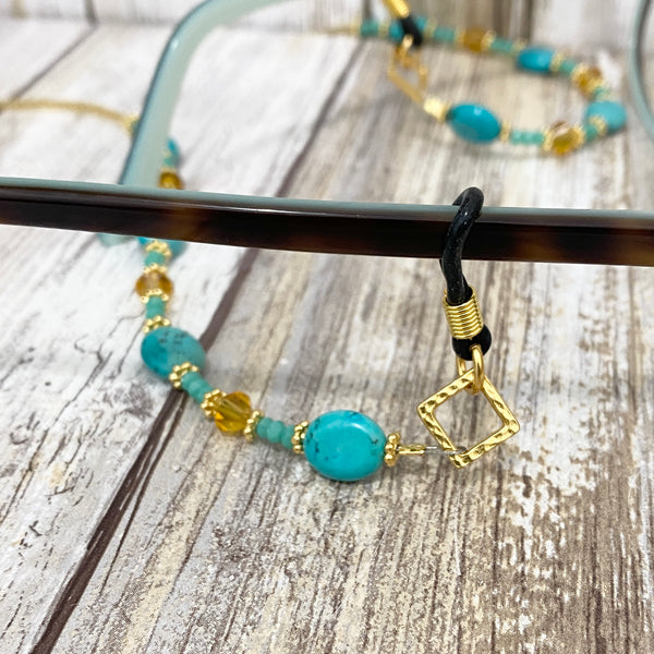 Turquoise Gold & Topaz Beaded Eye Glass Cord Leash Necklace
