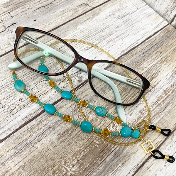 Turquoise Gold & Topaz Beaded Eye Glass Cord Leash Necklace