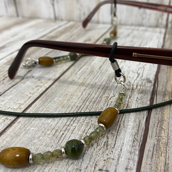 Mossy Wood Beaded & Leather Eye Glass Cord Leash Necklace