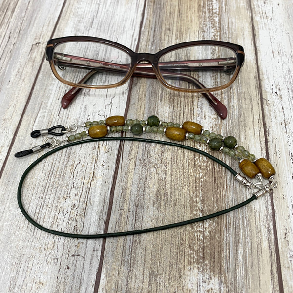 Mossy Wood Beaded & Leather Eye Glass Cord Leash Necklace