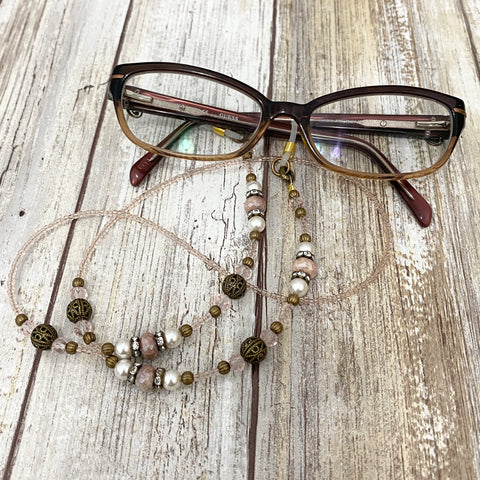 Vintage Brass, Rose & Pearls Beaded Eye Glass Cord Leash Necklace