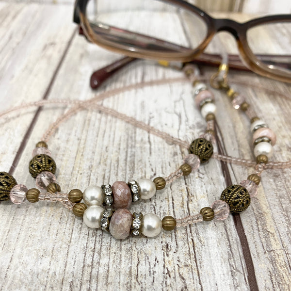 Vintage Brass, Rose & Pearls Beaded Eye Glass Cord Leash Necklace