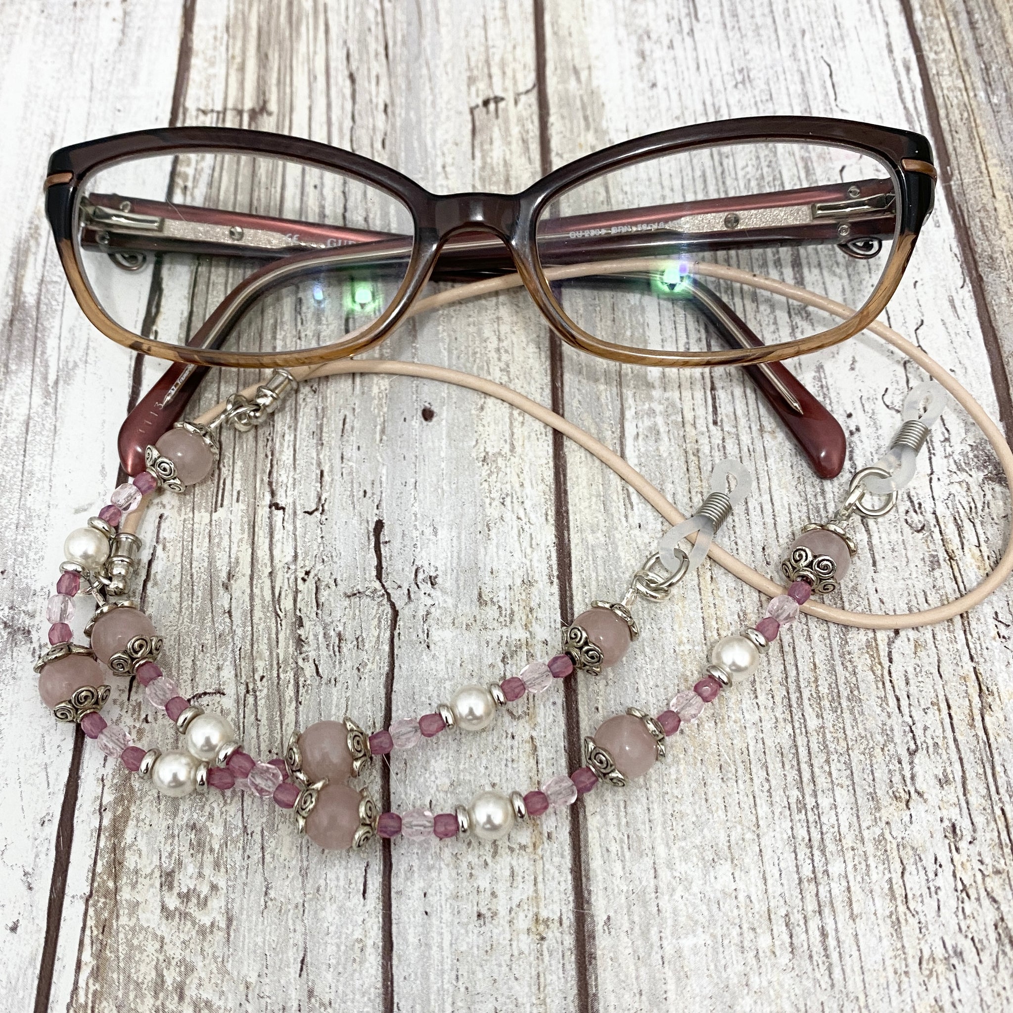 Romantic Pink & Pearls Beaded & Leather Eye Glass Cord Leash Necklace