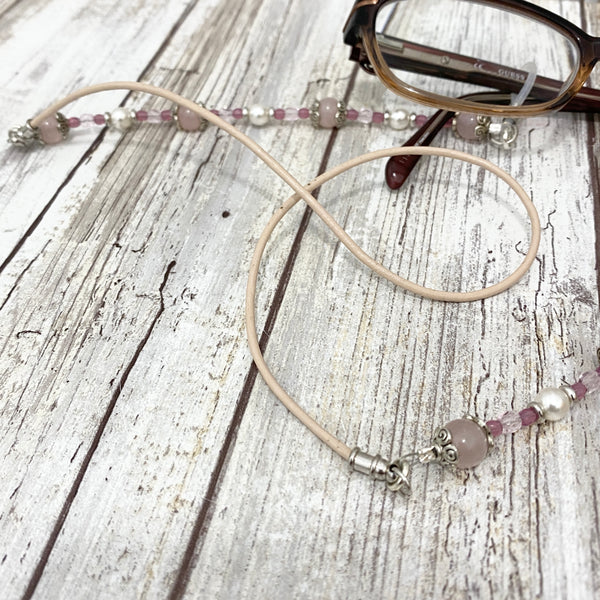 Romantic Pink & Pearls Beaded & Leather Eye Glass Cord Leash Necklace