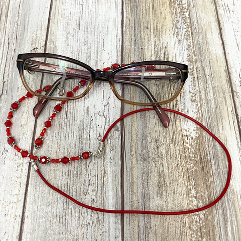 Crimson Red Crystals Beaded & Leather Eye Glass Cord Leash Necklace