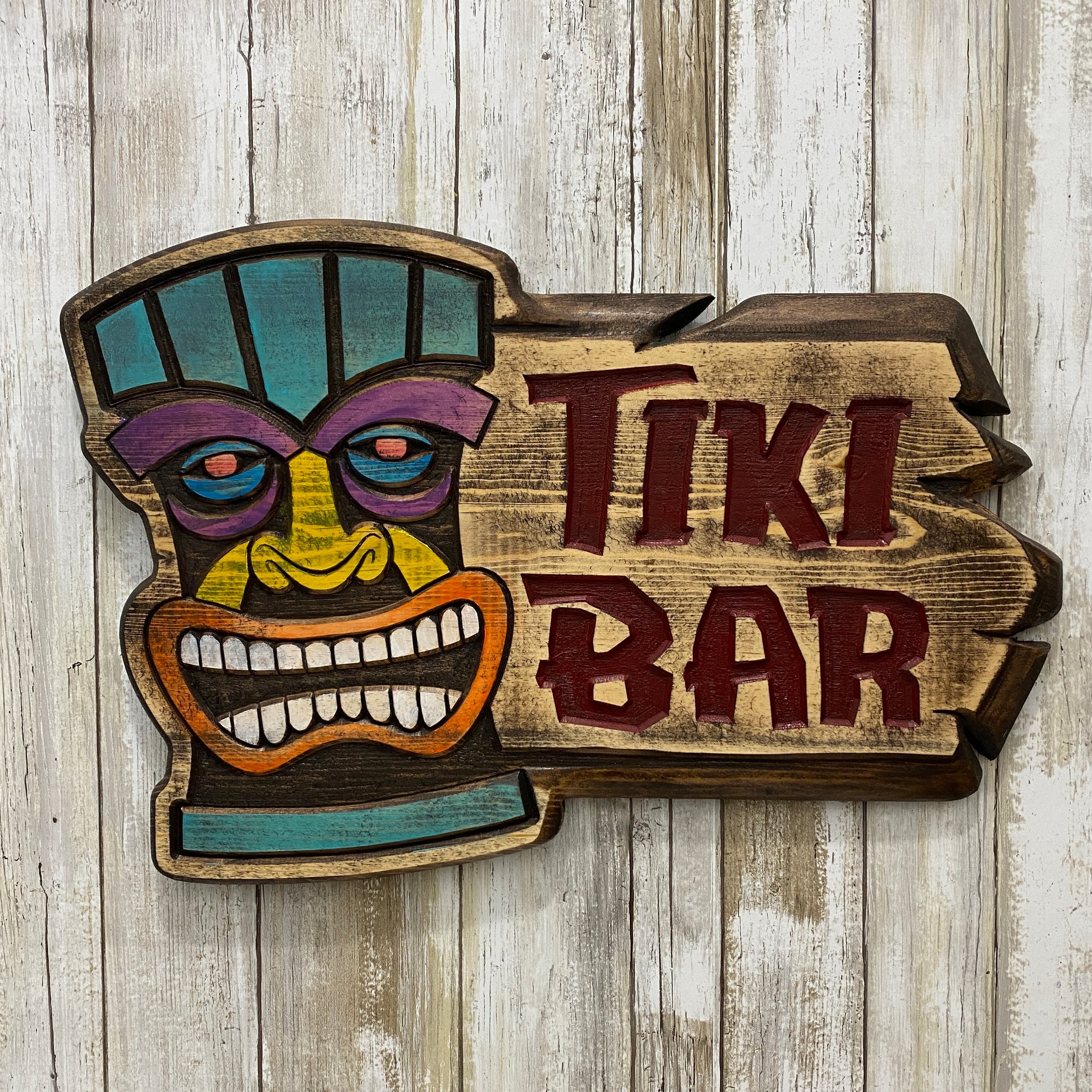 Tiki Bar Totem Mask Sign - Engraved Pine Wood