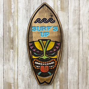 Surfs Up - Tiki Mask Surfboard - Engraved Pine Wood Sign