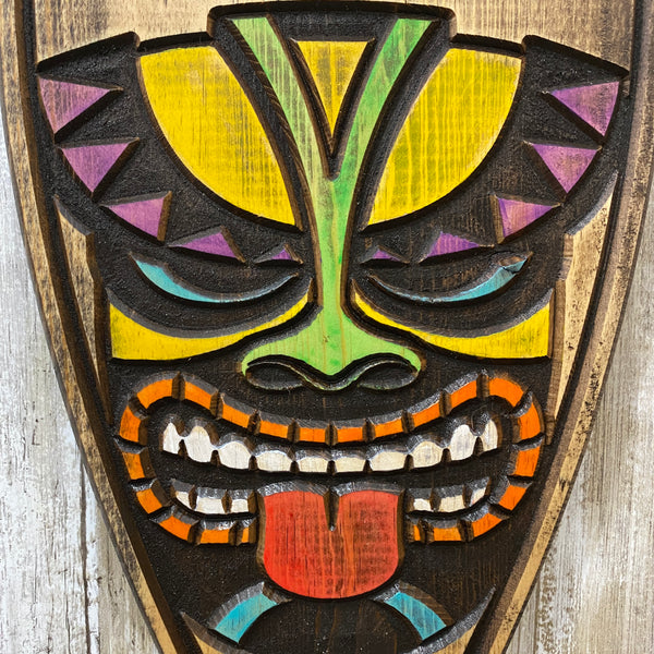 Surfs Up - Tiki Mask Surfboard - Engraved Pine Wood Sign
