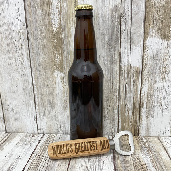 Worlds Greatest Dad Rockstar Style -  Wooden Handle Beer Bottle Opener