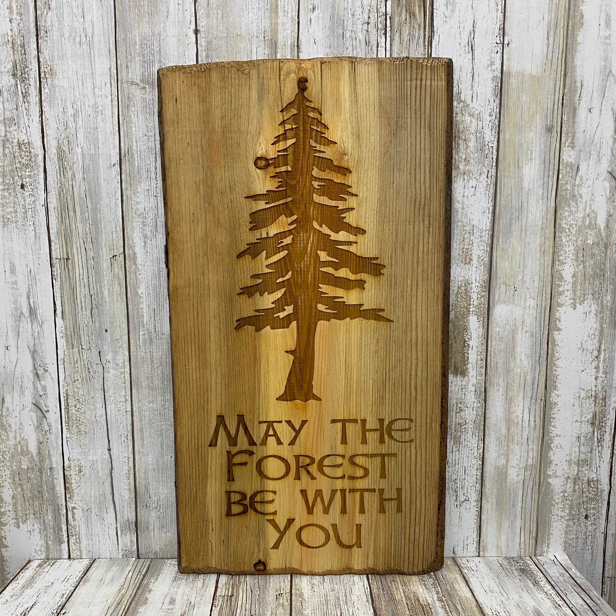 May the Forest Be With You Pine Tree Wood Sign - Cabin Decor - Laser Engraved Reclaimed Pine Tree Wood