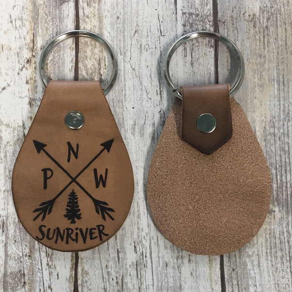 Sunriver Crossed Arrows PNW Leather Key Chain Fob - Or customized with your Location
