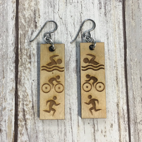 Triathlon Swim Bike Run Earrings - Baltic Birch Wood