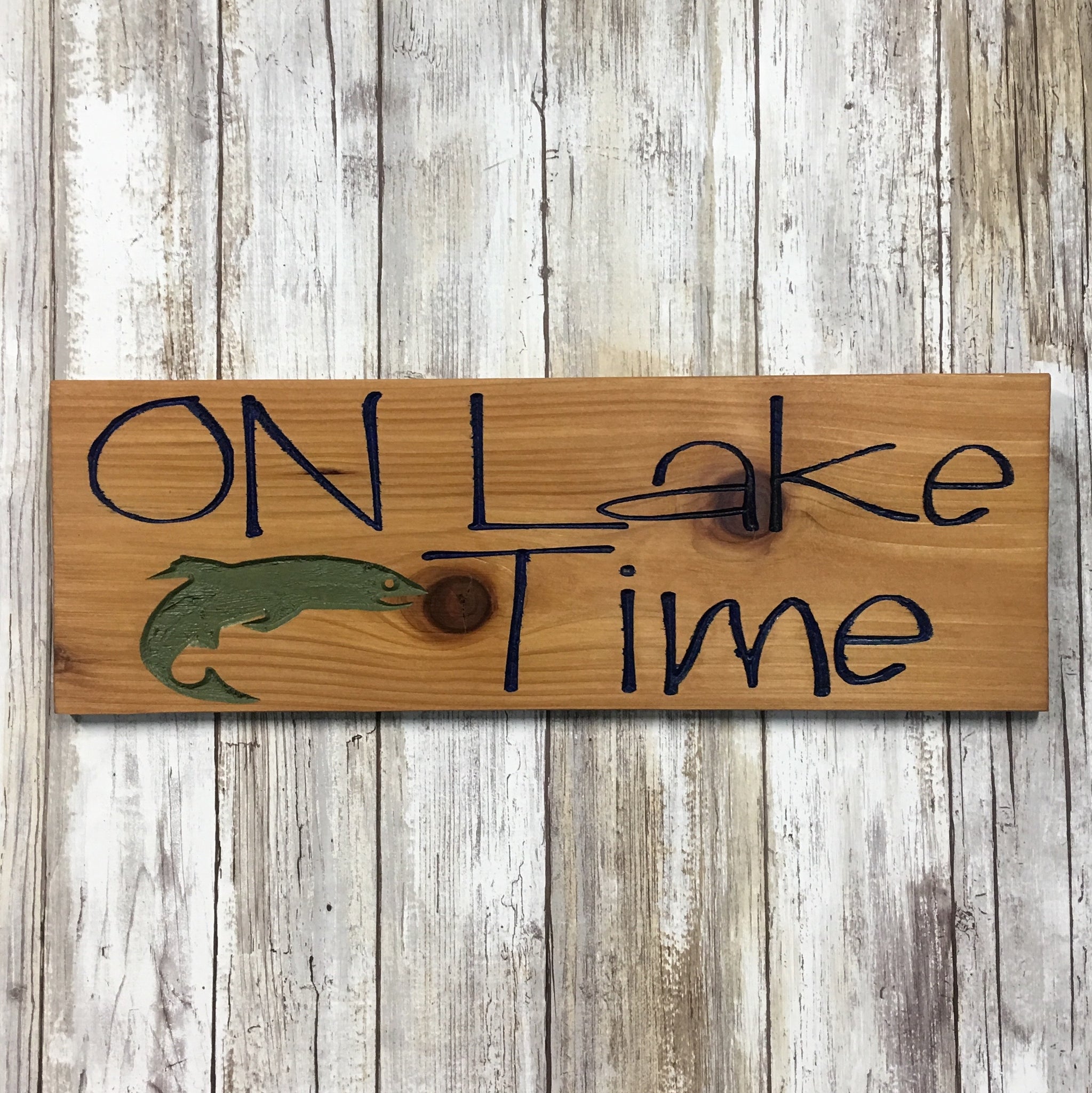 On Lake Time Rustic Wood Sign - Cabin Decor - Carved Engraved Cedar Wood