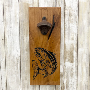 Salmon Fish Beer Bottle Opener - Wall Mounted Cherry Wood