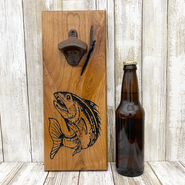 Salmon Fish Beer Bottle Opener - Wall Mounted Cherry Wood