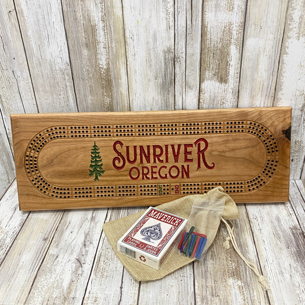 Sunriver Oregon Cribbage Board Game - Engraved Knotty Alder Hard Wood