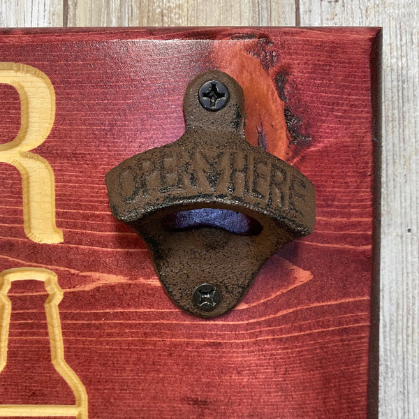 Beer BBQ Timer Barbecue Tool Holder with Beer Opener - Red Stained Engraved Pine Wood