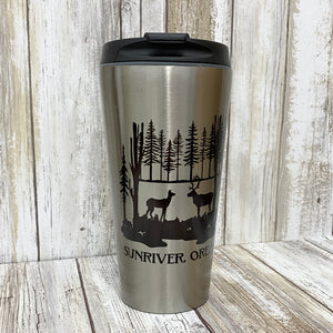 Sunriver Oregon Deer in Love Forest Scene - 16oz Stainless Steel Coffee Tumbler