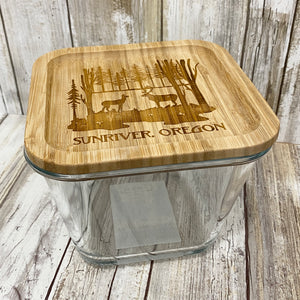 Sunriver Oregon Deer Love - Laser Engraved Bamboo Lid Glass Food or Knick Knack Container
