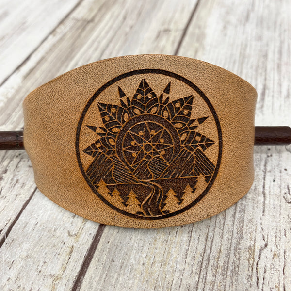 Mandala Mountain Leather Hair Stick Barrette - Weathered Light Brown Leather