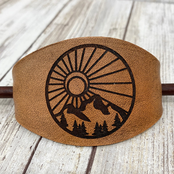 Mountain Sun Rays Leather Hair Stick Barrette - Weathered Light Brown Leather