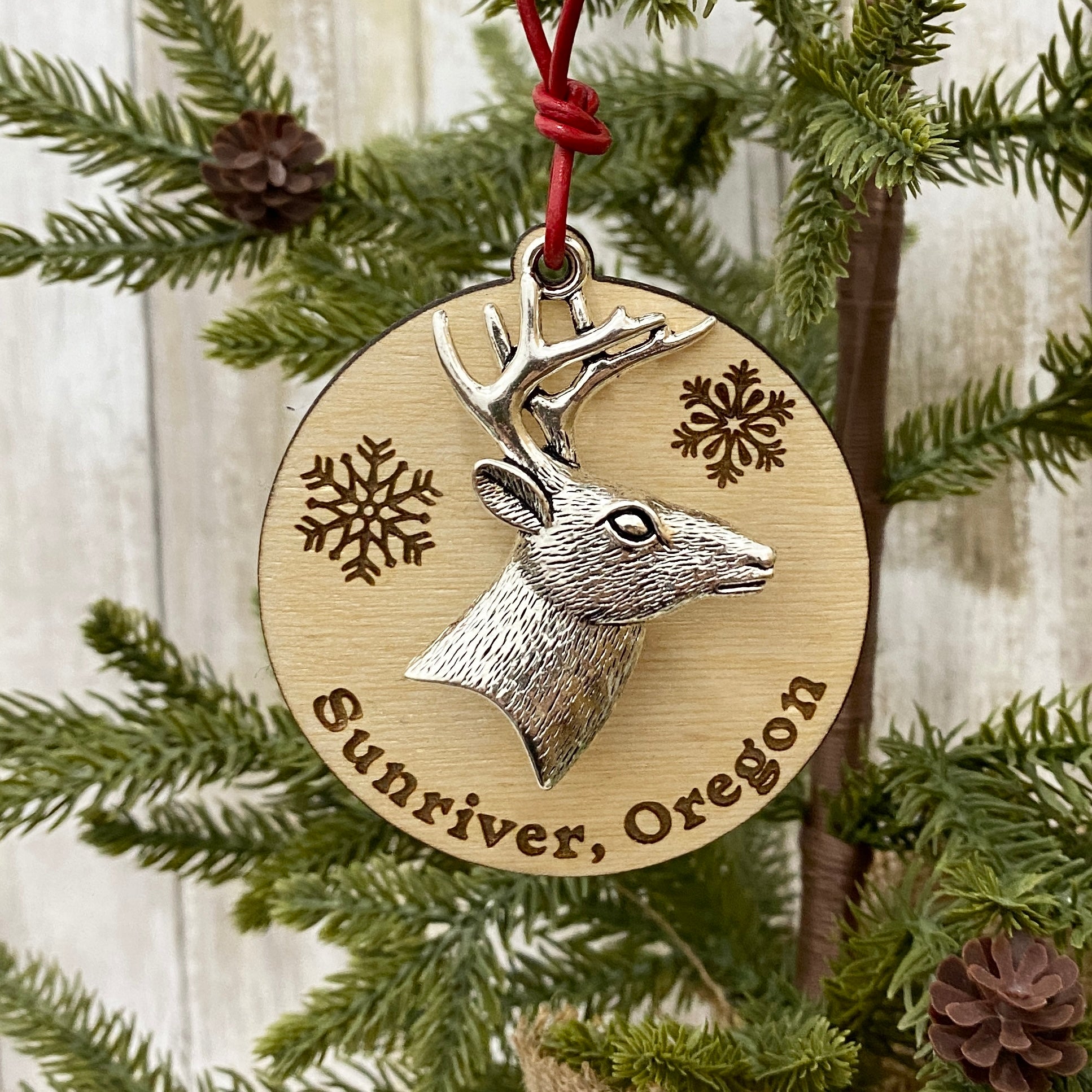 Sunriver Oregon Pewter & Wood Deer Christmas Tree Ornament