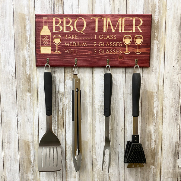 Wine BBQ Timer Barbecue Tool Holder - Red Stained Engraved Pine Wood