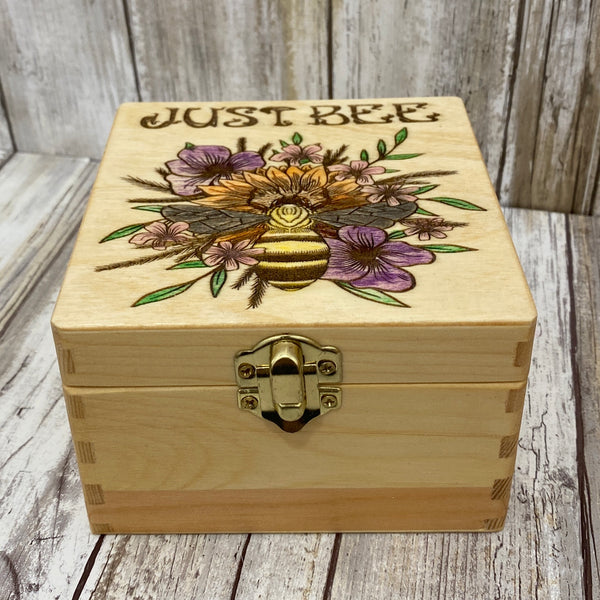 Just Bee - Honey Bee & Flowers Box - Laser Engraved & Hand Painted Wood Box
