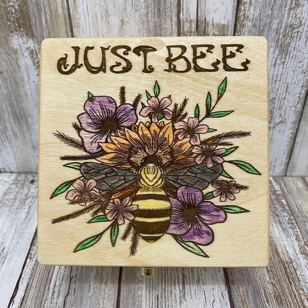 Just Bee - Honey Bee & Flowers Box - Laser Engraved & Hand Painted Wood Box