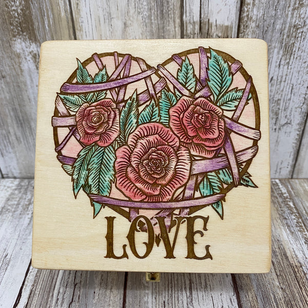 Love Heart and Roses Box - Laser Engraved & Hand Painted Wood Box