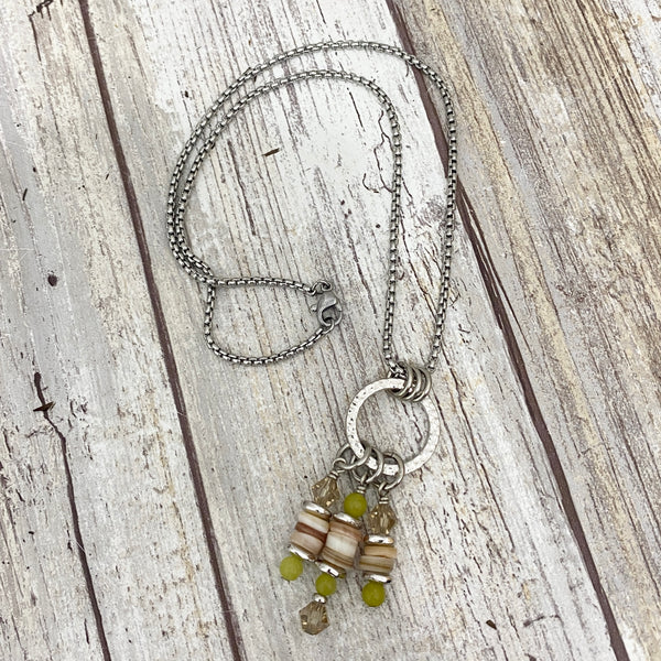 Sea Grass - Green & Cream - Shell Stone & Swarovski Pendant Necklace