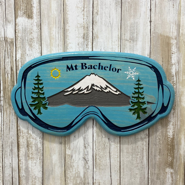 Mt Bachelor Ski Goggles - Bend Sunriver Oregon - Carved Pine Wall Hanging Sign