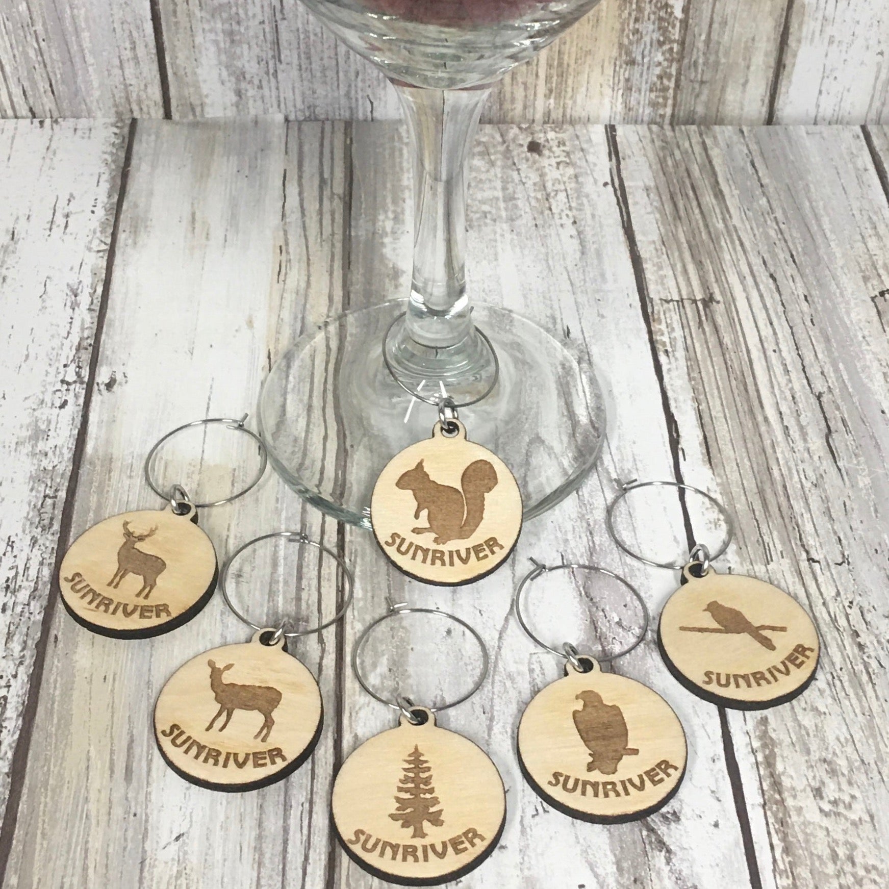 Sunriver Oregon Life Wine Glass Charms - Laser Engraved Birch Wood Set of 6